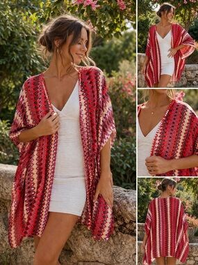 Boho Tribal Kimono Cover Up | Red Geometric Sheer Layer | Resort Chic